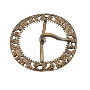 Antique Ornate Brass Belt Buckle with Decorative Filigree Design Round Shape Uni